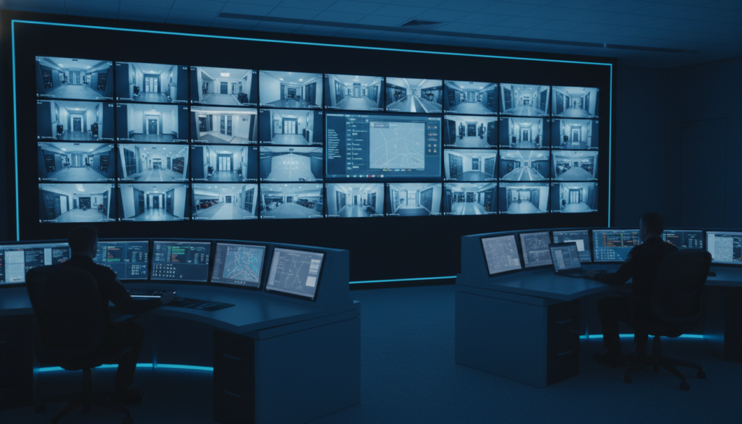 Live video monitoring control room with multiple security camera feeds displaying Riverside business locations
